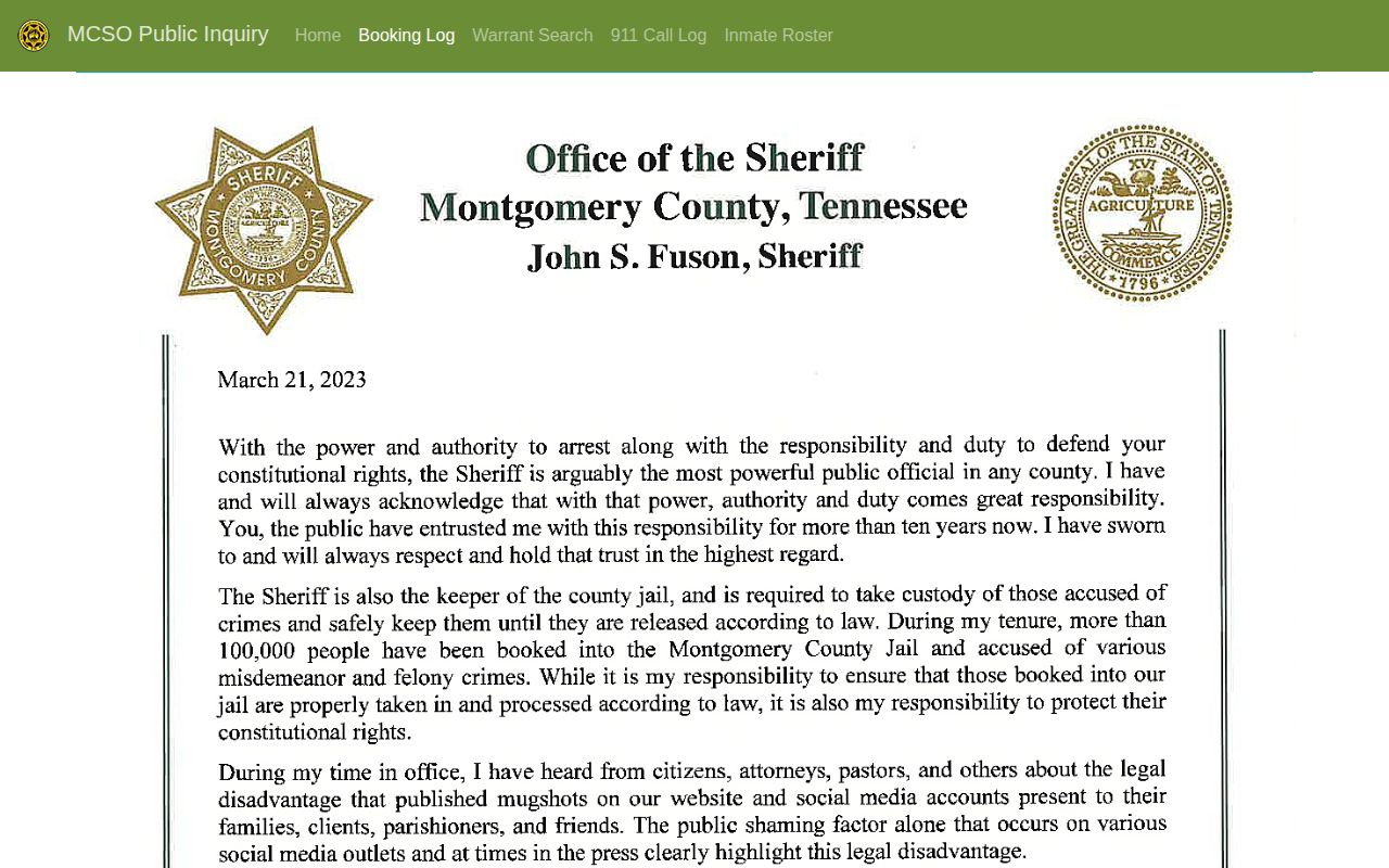 Montgomery County Sheriff's Office four-day Booking Log showing its booking window
