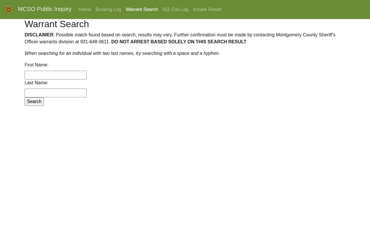 Montgomery County post-release warrant record search interface