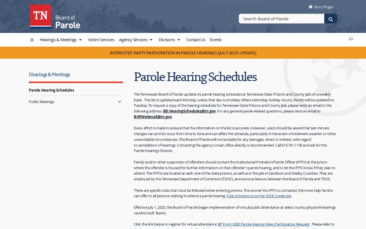 Tennessee Board parole hearing schedule records for Montgomery County release supervision
