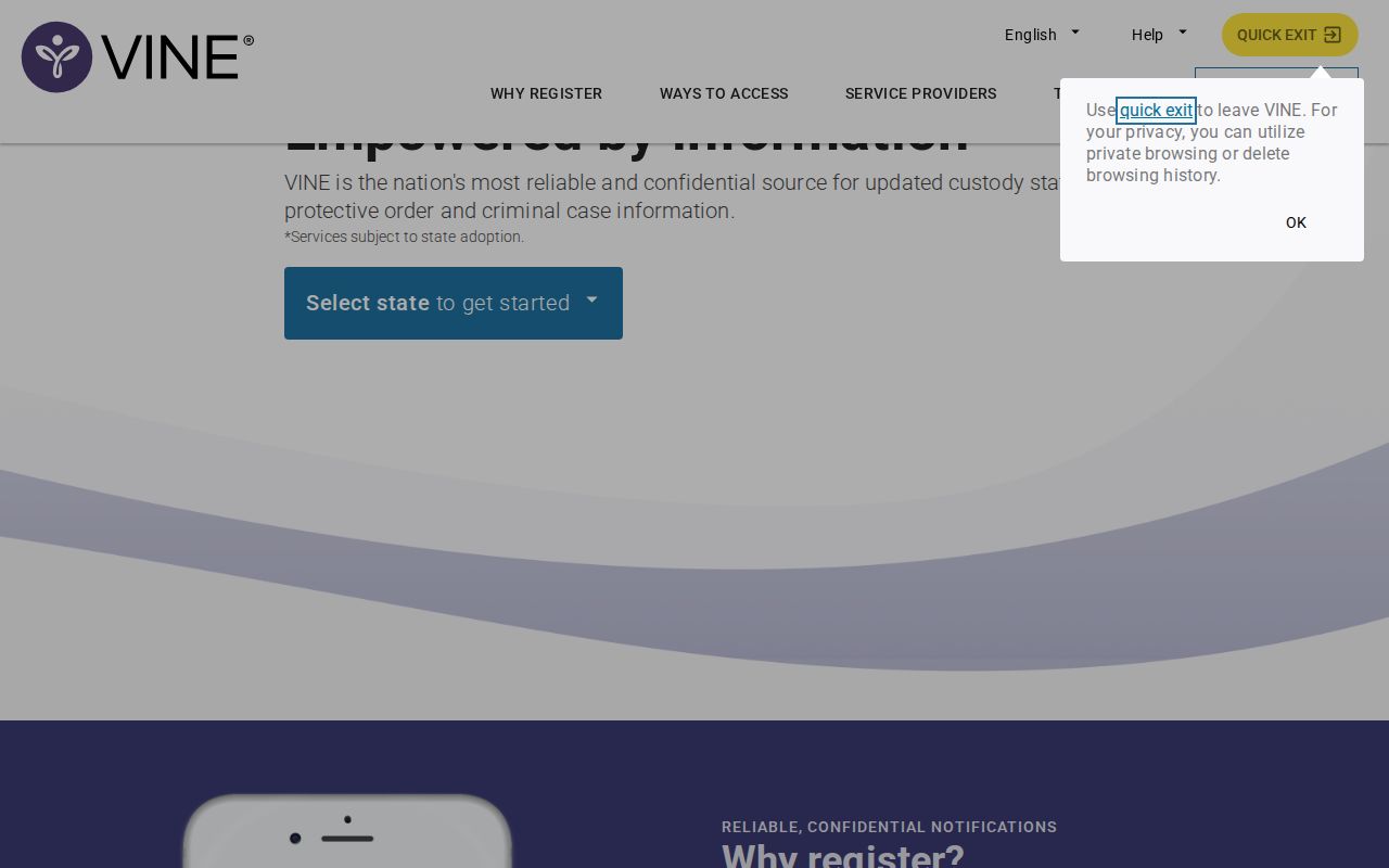 VINELink state-selection interface used to begin a Tennessee VINE inmate check